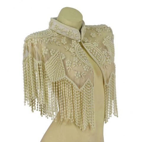 Pearl Beaded Shawl with Collar - Cream - One Size