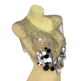 Metallic Chainmail Crop Top with Large Sequin Accents - Silver