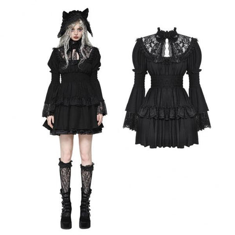 Lace Mock Neck Ruffle Bell Sleeve Dress - Black -