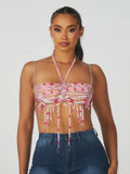 Festival Glam Beaded Halter Top - Pink - One Size