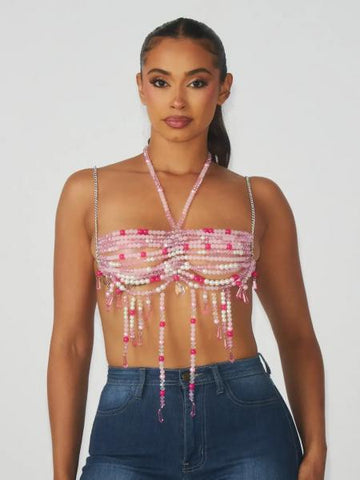 Festival Glam Beaded Halter Top - Pink - One Size