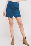 Button Down Scallop Hem Suede Straight Short Skirt - Teal -