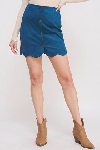 Button Down Scallop Hem Suede Straight Short Skirt - Teal -