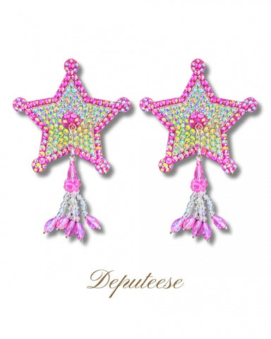 Dita - Deputeese Cowgirl Star Pasties with Removable Hand-Beaded Tassels - Pink - 2.5"