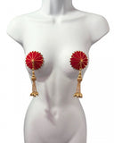 Dita - Deco Dame Velvet and Gold Pasties with Removable Hand-Beaded Tassels - Red - 2.5"