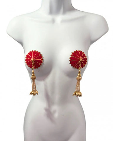 Dita - Deco Dame Velvet and Gold Pasties with Removable Hand-Beaded Tassels - Red - 2.5"