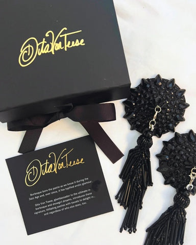 Dita - Tessorama Glitter & Gem Pasties with Removable Hand-Beaded Tassels - Decadent Black - 2.5"
