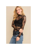 High Neck Long Sleeve Fitted Lace Top - Black -
