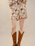 Elastic Waist Western Print Shorts - Beige Multi -