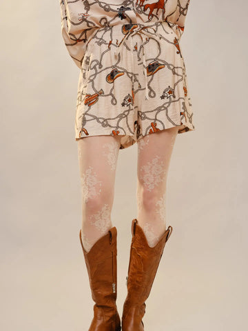 Elastic Waist Western Print Shorts - Beige Multi -