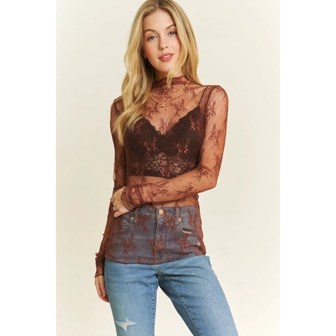 High Neck Long Sleeve Fitted Lace Top - Burgundy -