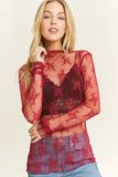 High Neck Long Sleeve Fitted Lace Top - Red -