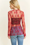 High Neck Long Sleeve Fitted Lace Top - Red -