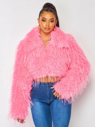 Faux Fur Crop Jacket - Pink -