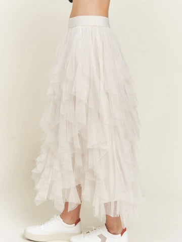 Layered Polka Dot Mesh Lined A-Line Midi Skirt - Ivory -