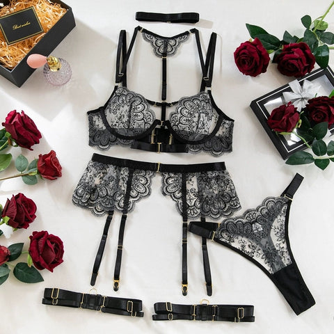 Enchanting Lace Harness Five Piece Set - Black -