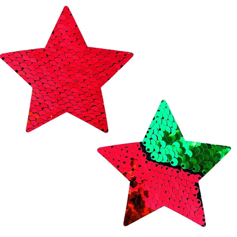 Jingle Bells Red To Green Flip Sequin Star Nipple Cover Pasties