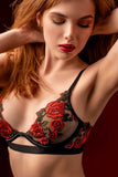 Rose Embroidery Bralette and Panty Set - Black/Red -