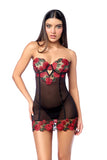 Underwire Rose Embroidery Babydoll and Panty - Black/Red -