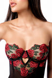 Underwire Rose Embroidery Babydoll and Panty - Black/Red -