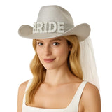 "Bride" Cowgirl Hat with Veil - White