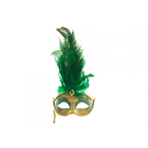 Venetian Feather Mask with Stick - Green/Gold