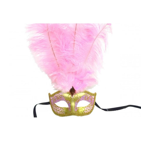 Venetian Mask with Feathers Atop - Pink/Gold