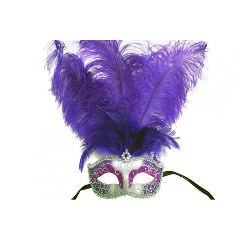 Venetian Mask with Feathers Atop - Purple/Silver