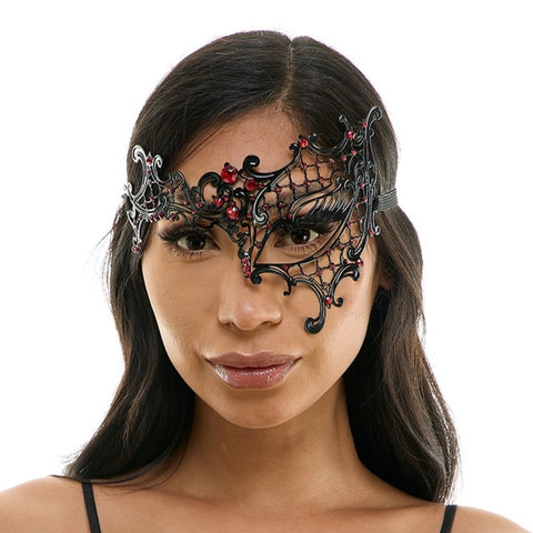 Laser-Cut Metal Half Face Mask with Red Diamonds - Black