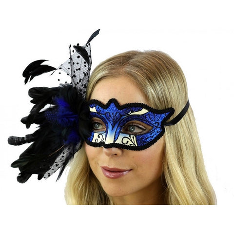 Venetian Mask with Feathers Aside - Blue