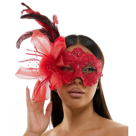 Fascinator mask with Feathers Aside - Red