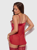 Angelina Lips Embroidery Babydoll & Bow G-String Set - Crimson Red/Pink Dragon -