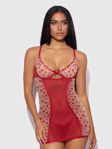 Angelina Lips Embroidery Bow Back Chemise Set - Crimson Red/Pink Dragon -