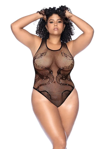 Snake Fishnet Rhinestone Bodysuit - Black - Queen Size