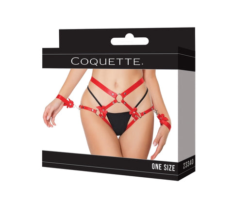 Crotchless Harness Panty & Removable Cuffs - Red -