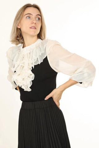 Ruffled Chiffon & Knit Combo Embellished Blouse - Black/Ivory -