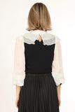 Ruffled Chiffon & Knit Combo Embellished Blouse - Black/Ivory -
