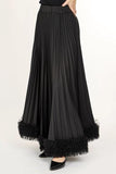 High-Waist Pleated with Tulle Trim Maxi Skirt - Black -