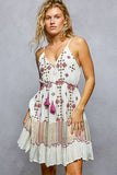 Aztec Embroidered Tassel Detail V-Neck Ruffle Short Dress - Ivory/Multi -