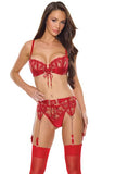 Lace Bra, Thong and Garter Belt Set - Red -