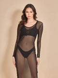Long Sleeve Allover Sheer Dress - Black -