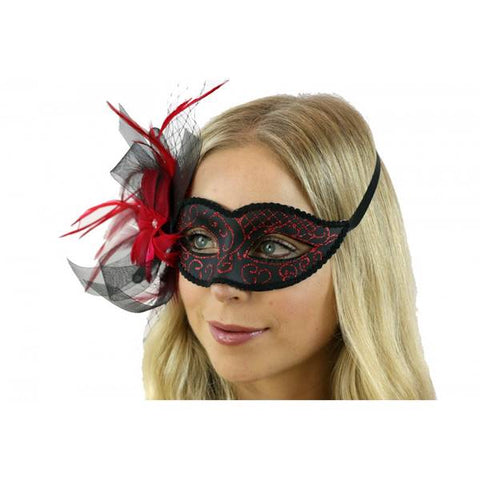 Venetian Mask with Feathers - Red/Black