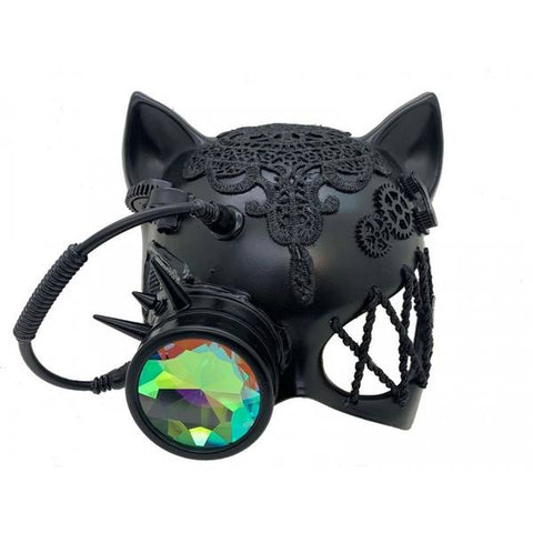 Steampunk Cat Mask with Kaleidoscope Lens Eye - Black - One Size