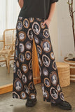 Vintage Portrait Print Wide Leg Pants - Black -