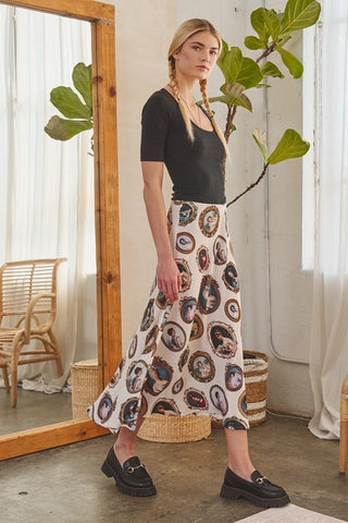 Vintage Portrait Print Midi Skirt - Ivory -