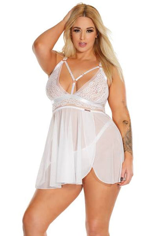 Net & Scallop Lace Babydoll & Thong - White -