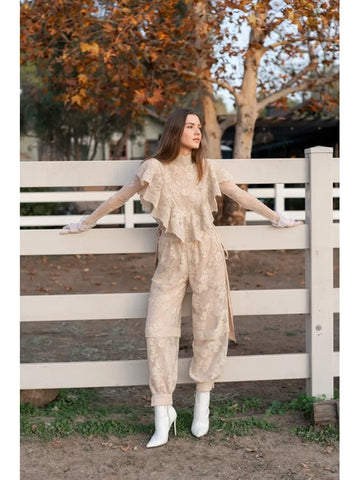 Boho Floral Lace Parachute Pants - Beige -