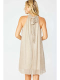 Peplum Dress with Self Tie Mock Neck Lining - Gold -
