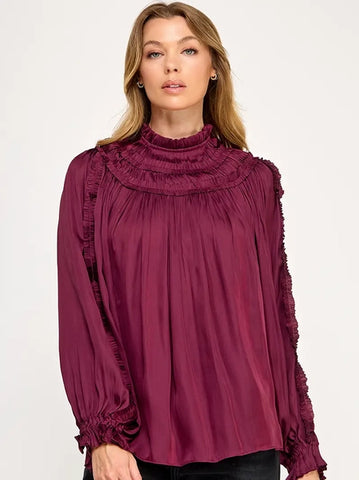Satin Long Sleeve Top - Wine -