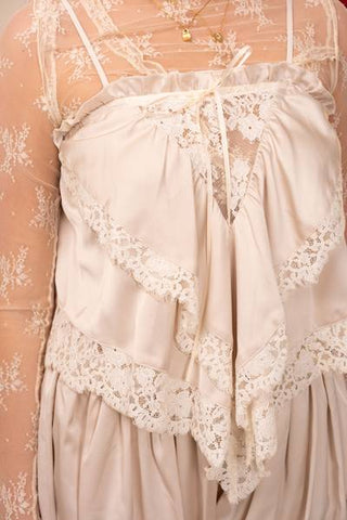 Lace Trim Tiered Satin Cami - Ivory -